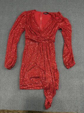 Crystal Sky Womens Red Sequin Wrap Mini Dress Long Sleeve S